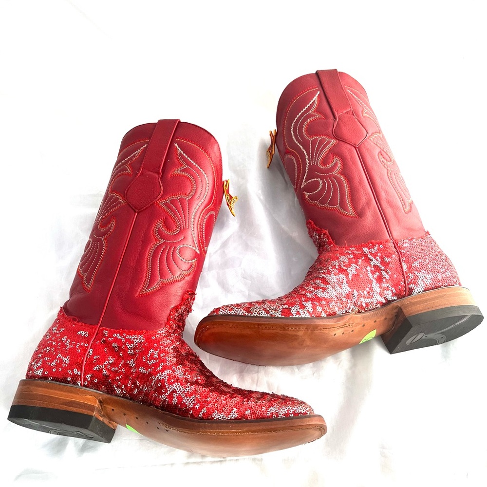 ♥️ Cowgirl Red Sequined Leather Los Altos Western women’s 12,5 Boots - Picture 8 of 13